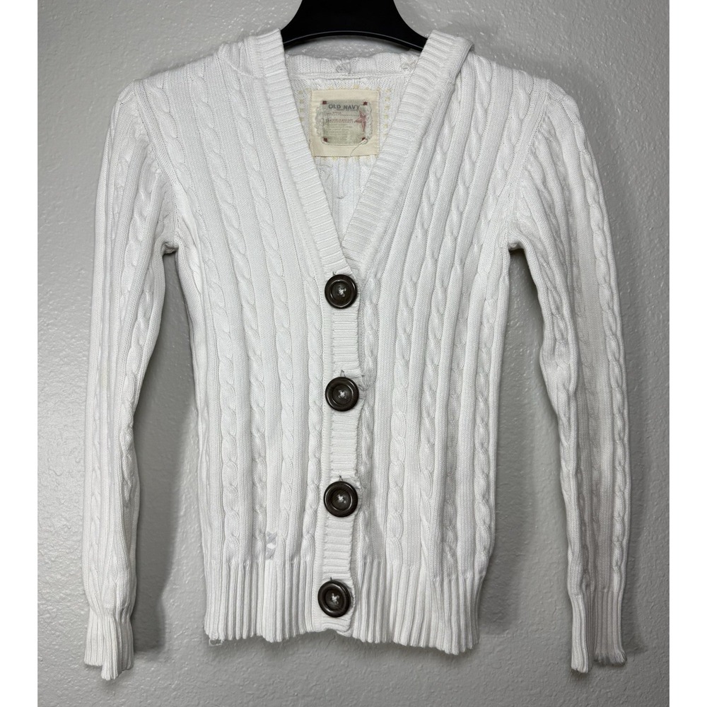 Old Navy White Cable Knit Hooded Button Cardigan Sweater Small Cotton